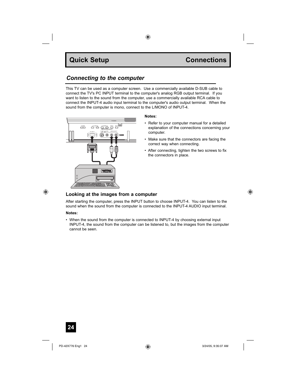 Quick setup connections, Connecting to the computer, Looking at the images from a computer | JVC 0305TNH-II-IM User Manual | Page 24 / 92