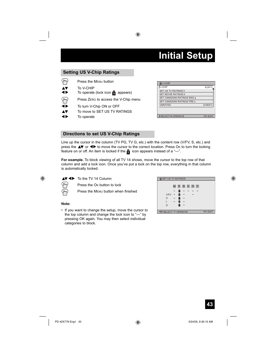 Initial setup, Directions to set us v-chip ratings, Setting us v-chip ratings | JVC 0305TNH-II-IM User Manual | Page 43 / 92