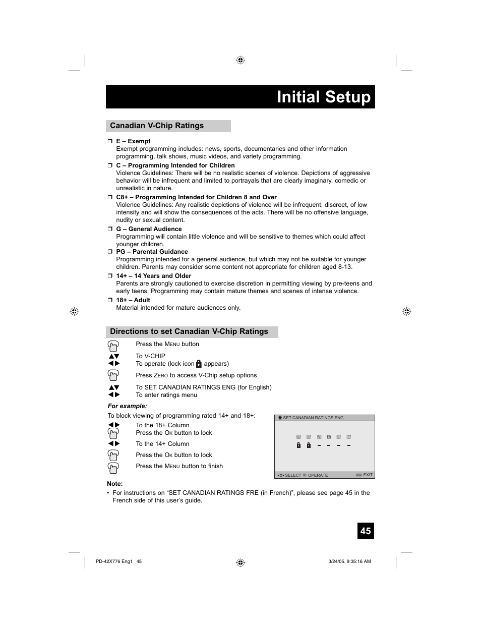 Initial setup, Directions to set canadian v-chip ratings, Canadian v-chip ratings | JVC 0305TNH-II-IM User Manual | Page 45 / 92
