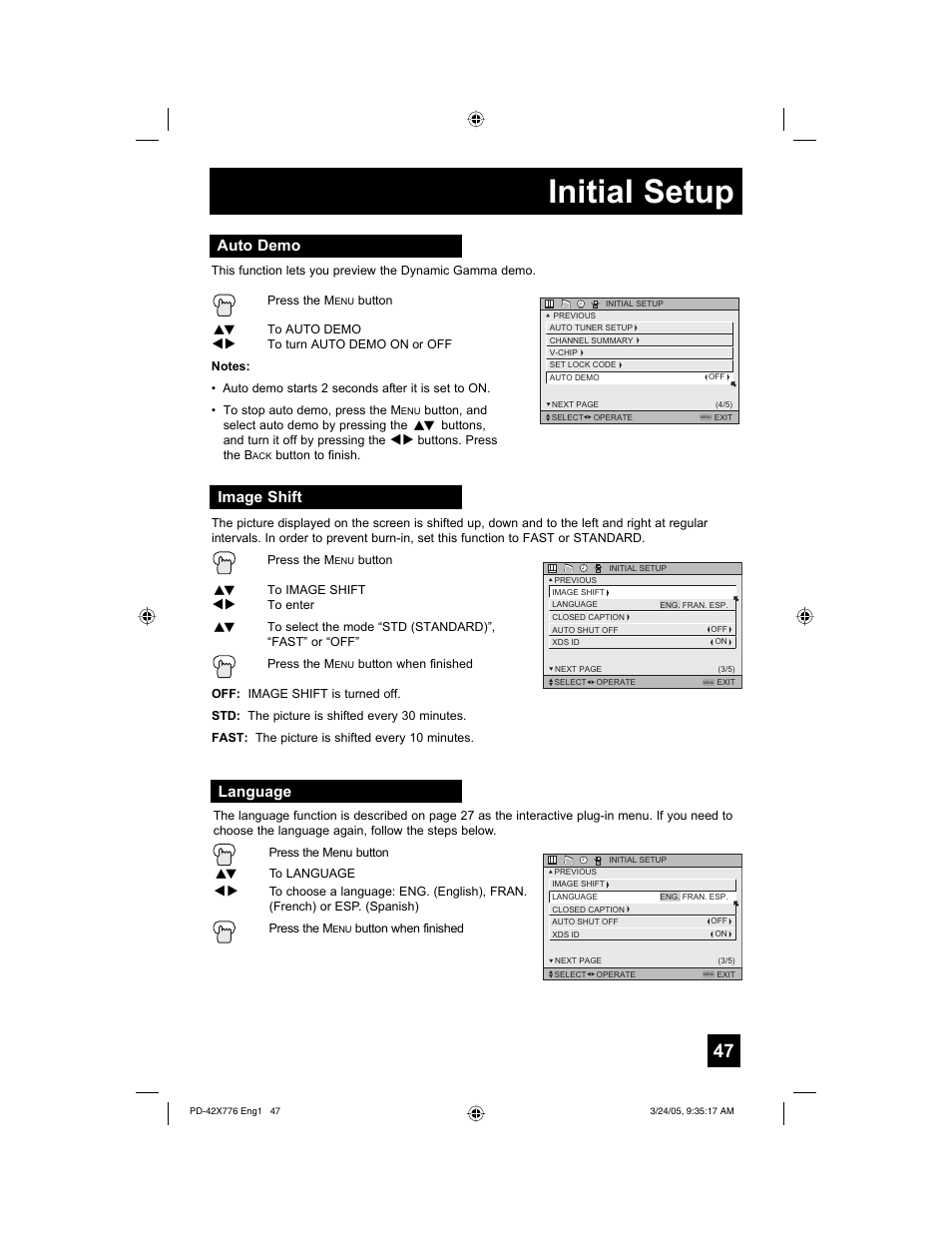 Initial setup, Auto demo, Image shift | Language | JVC 0305TNH-II-IM User Manual | Page 47 / 92