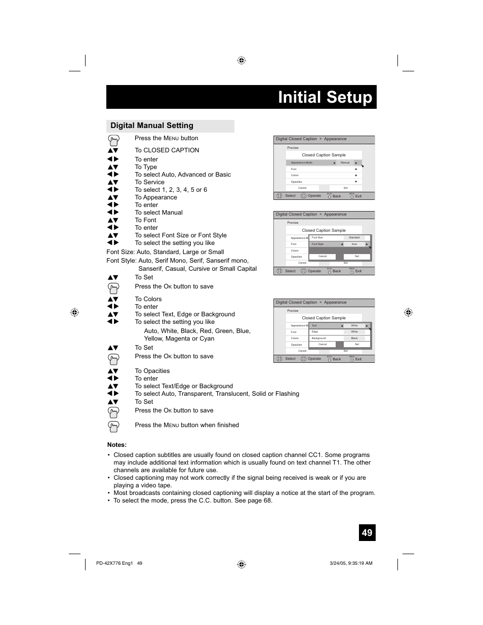Initial setup, Digital manual setting | JVC 0305TNH-II-IM User Manual | Page 49 / 92