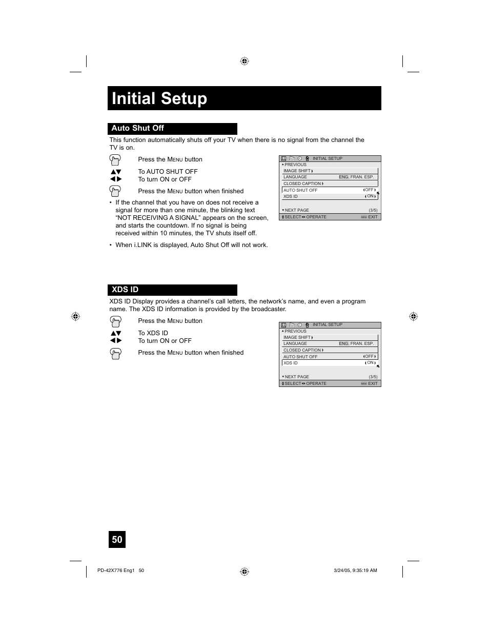 Initial setup, Auto shut off, Xds id | JVC 0305TNH-II-IM User Manual | Page 50 / 92