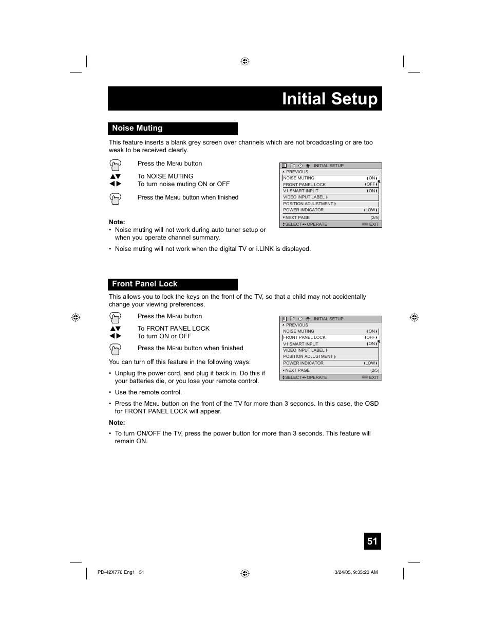 Initial setup, Noise muting, Front panel lock | JVC 0305TNH-II-IM User Manual | Page 51 / 92