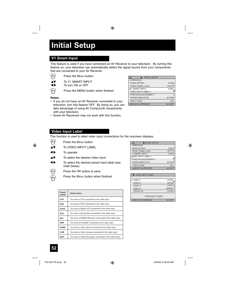 Initial setup, V1 smart input, Video input label | JVC 0305TNH-II-IM User Manual | Page 52 / 92