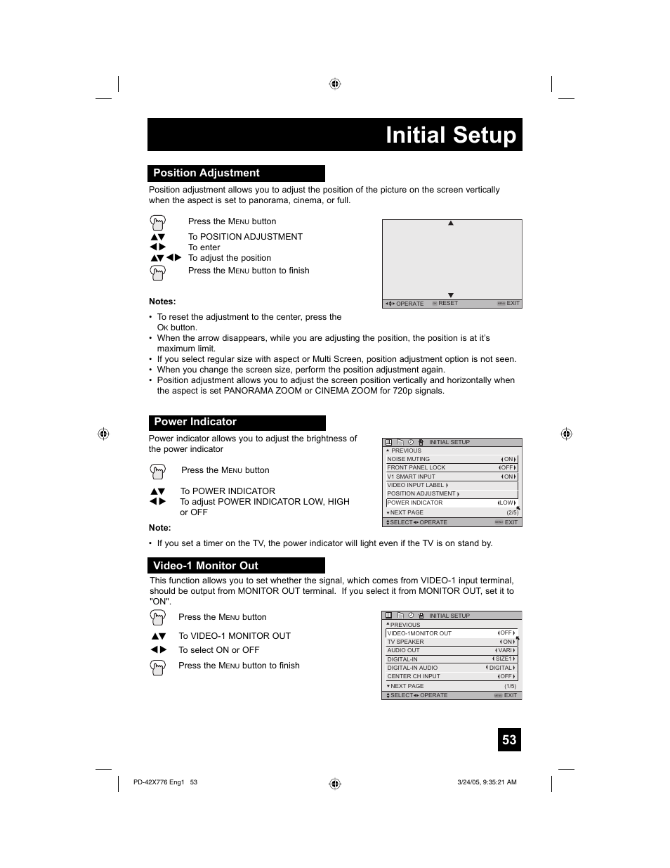 Initial setup, Power indicator, Position adjustment | Video-1 monitor out | JVC 0305TNH-II-IM User Manual | Page 53 / 92