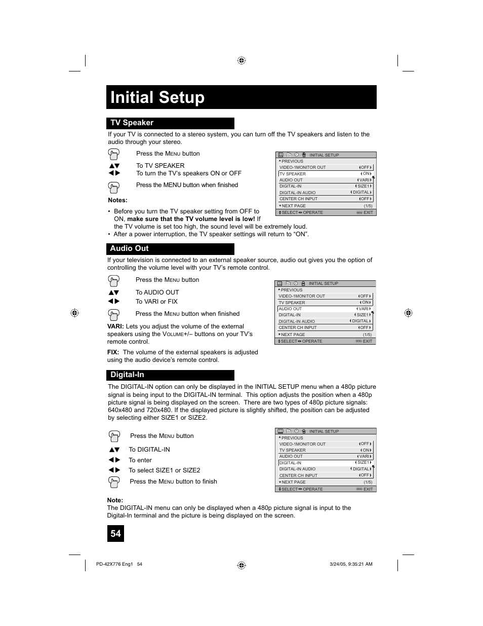 Initial setup, Digital-in, Audio out | Tv speaker | JVC 0305TNH-II-IM User Manual | Page 54 / 92