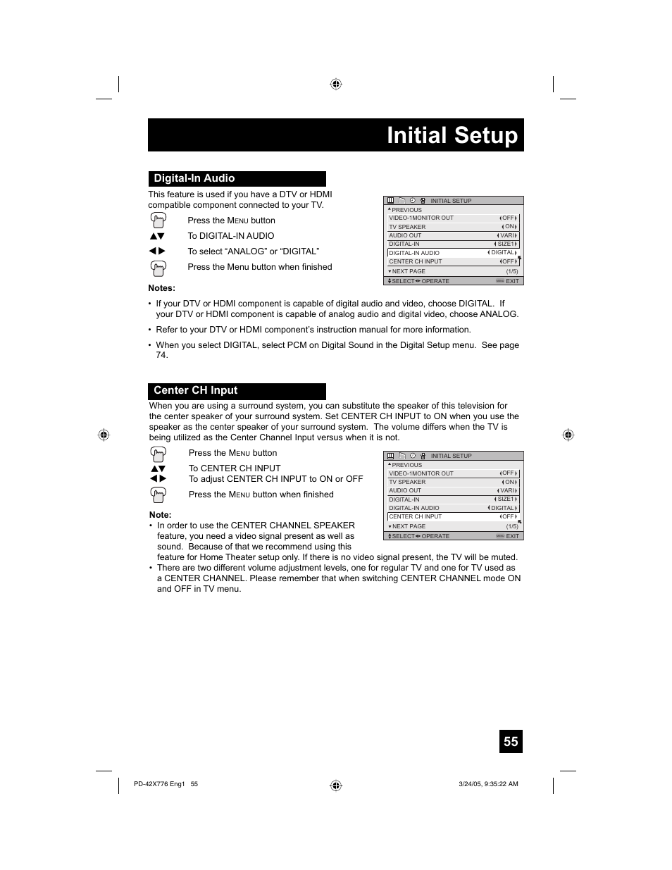 Initial setup, Digital-in audio, Center ch input | JVC 0305TNH-II-IM User Manual | Page 55 / 92