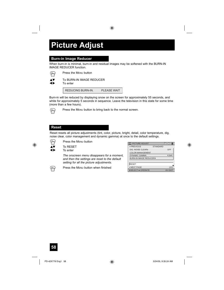 Picture adjust, Burn-in image reducer, Reset | JVC 0305TNH-II-IM User Manual | Page 58 / 92