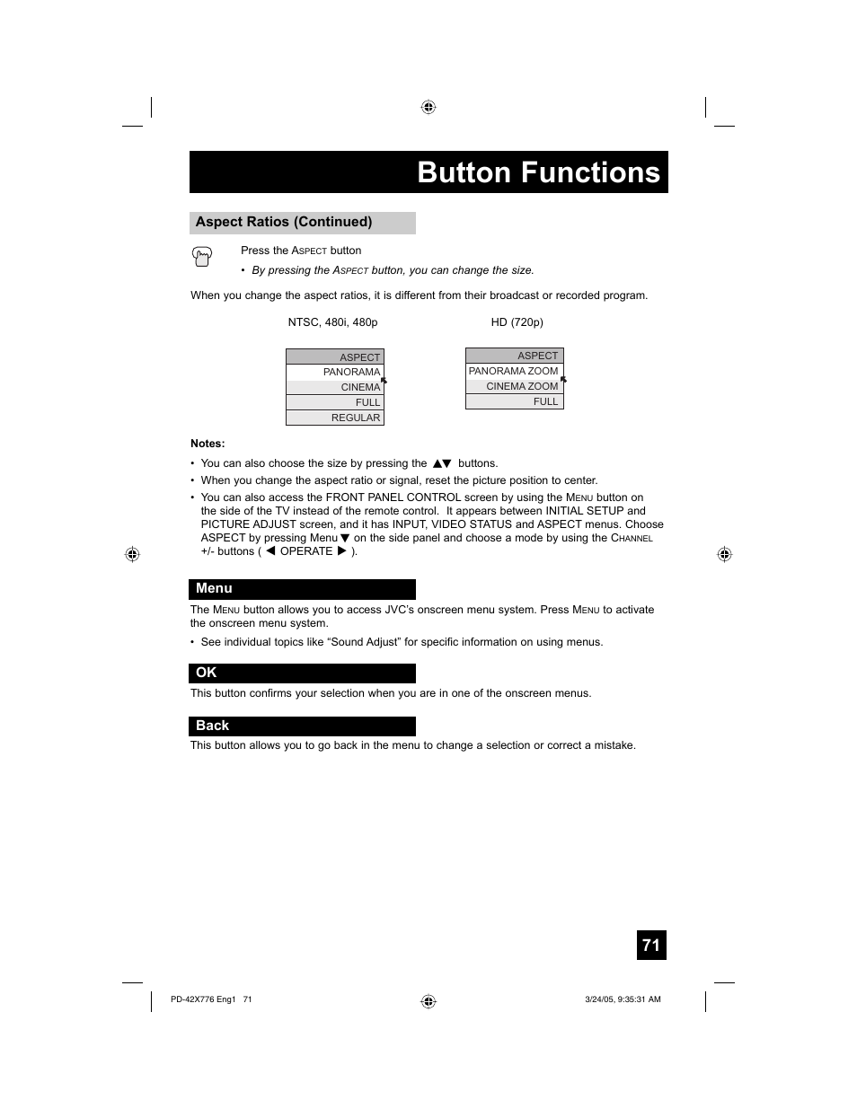 Button functions | JVC 0305TNH-II-IM User Manual | Page 71 / 92