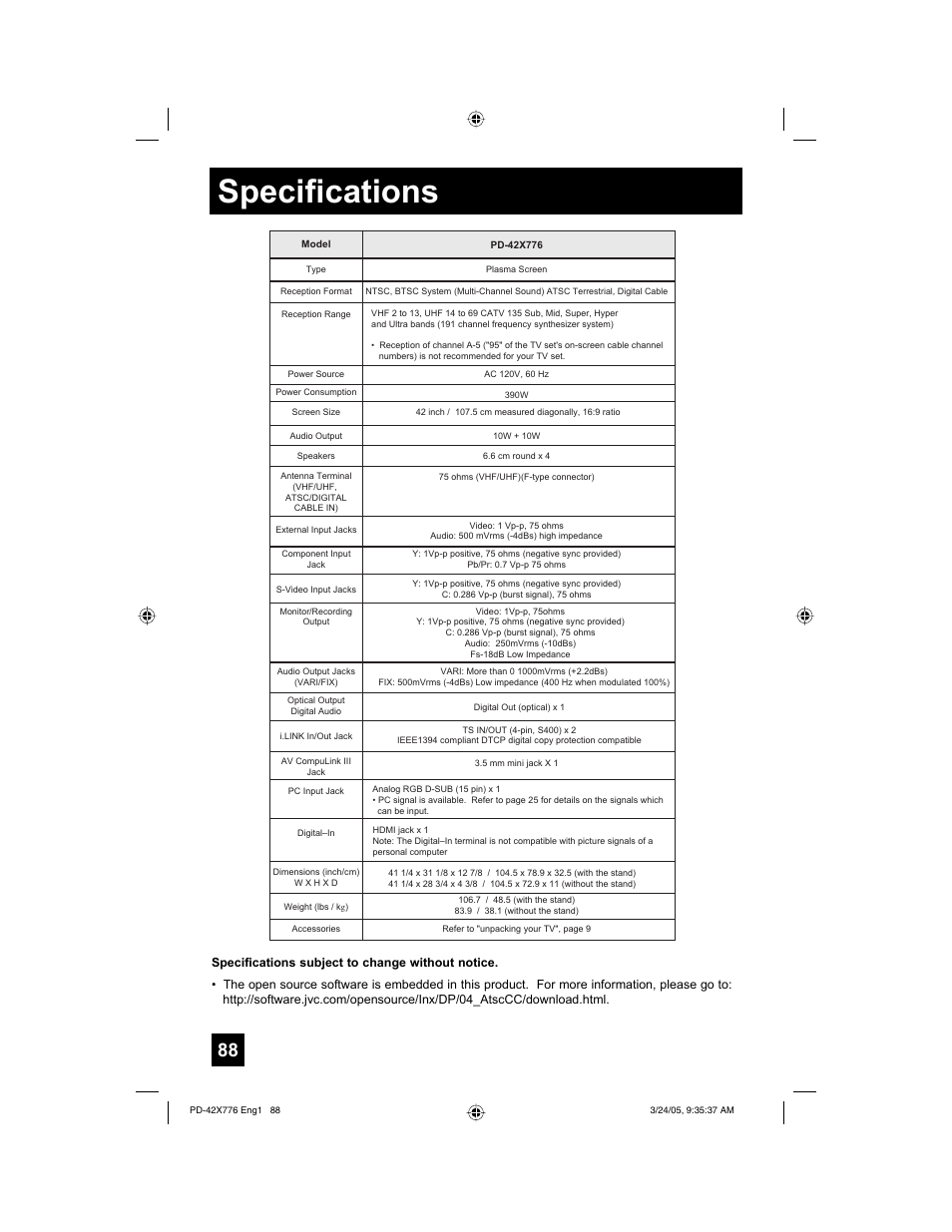 Specifications | JVC 0305TNH-II-IM User Manual | Page 88 / 92