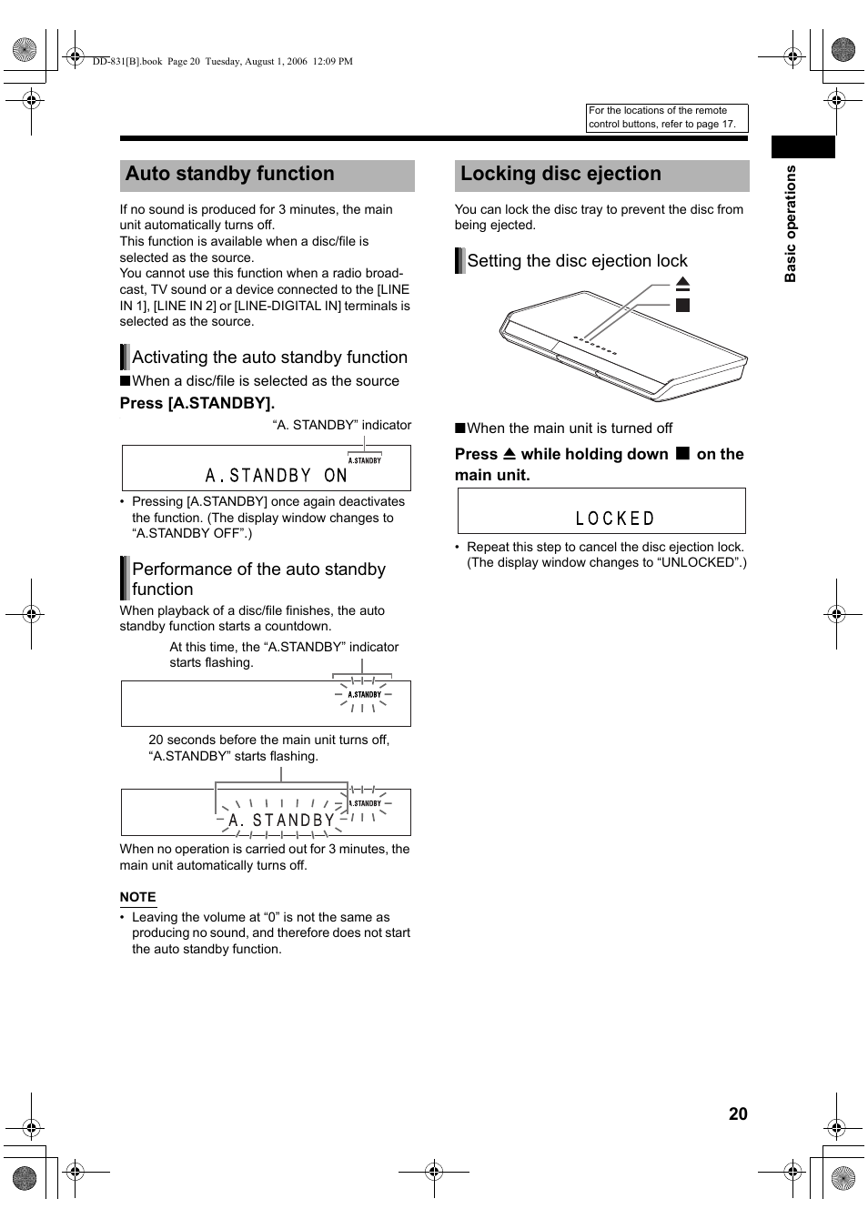 Auto standby function, Locking disc ejection, Activating the auto standby function | Performance of the auto standby function, Setting the disc ejection lock | JVC DD-1 User Manual | Page 25 / 64