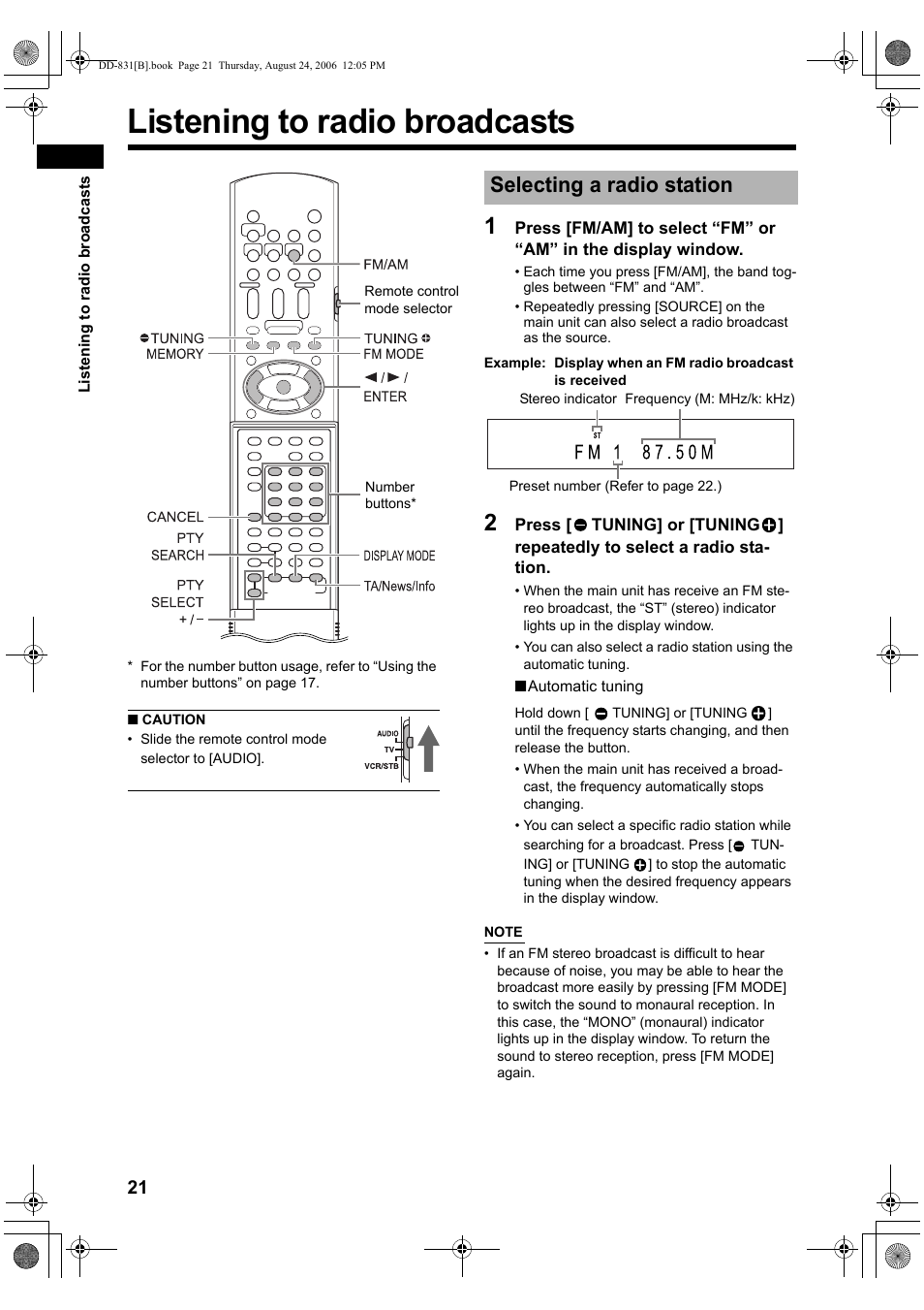 Listening to radio broadcasts, Selecting a radio station | JVC DD-1 User Manual | Page 26 / 64