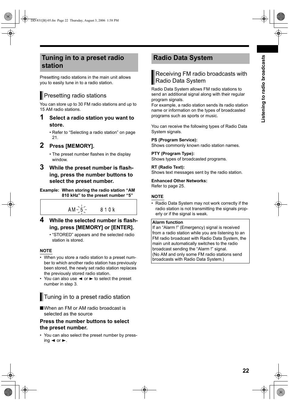 Tuning in to a preset radio station, Radio data system | JVC DD-1 User Manual | Page 27 / 64