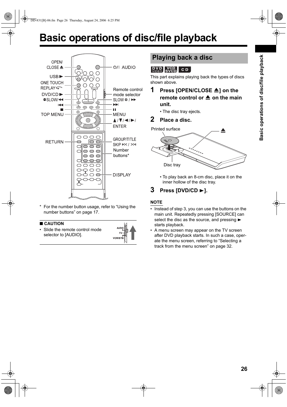 Basic operations of disc/file playback, Playing back a disc | JVC DD-1 User Manual | Page 31 / 64