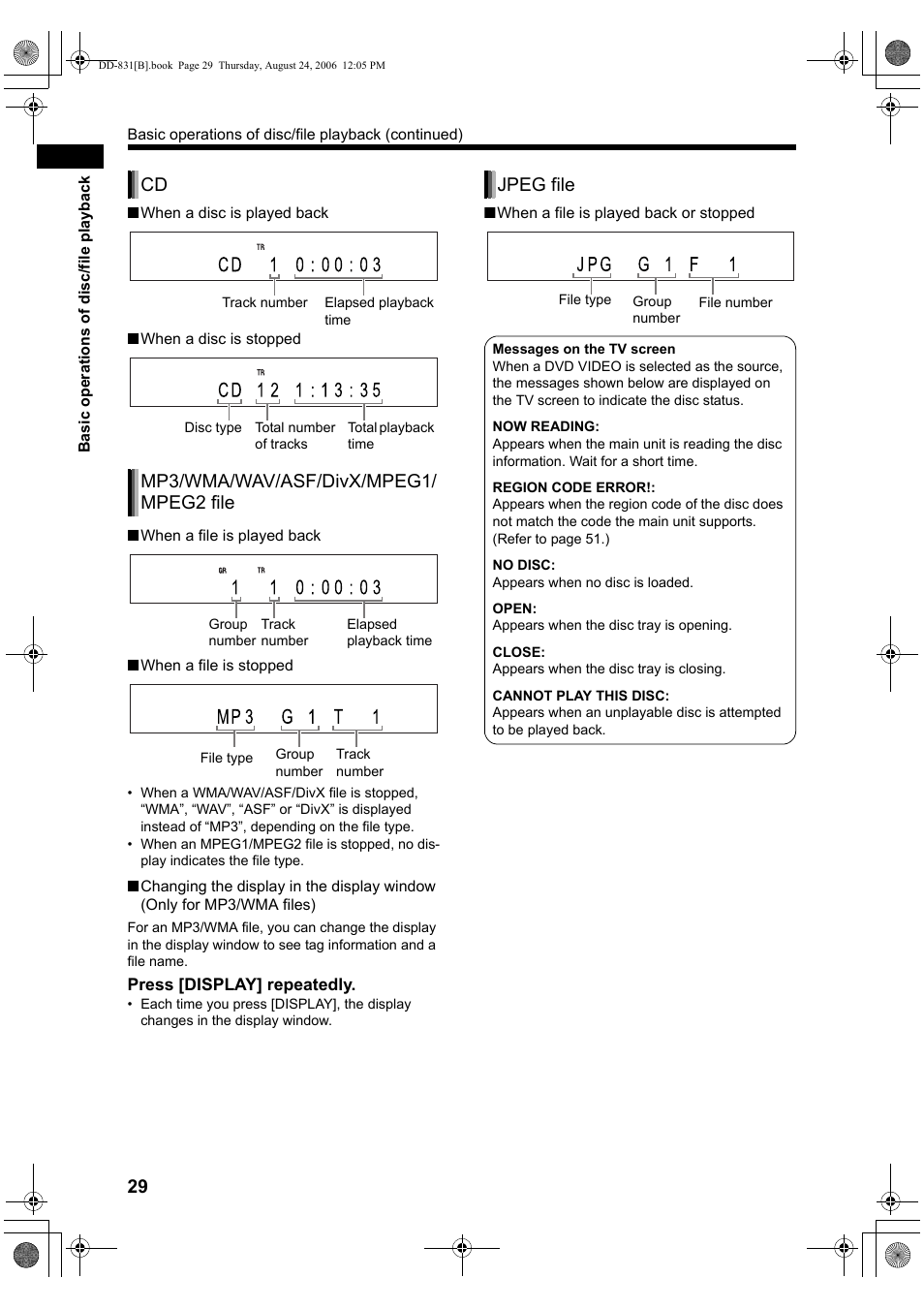 Mp3/wma/wav/asf/divx/mpeg1/ mpeg2 file, Jpeg file | JVC DD-1 User Manual | Page 34 / 64