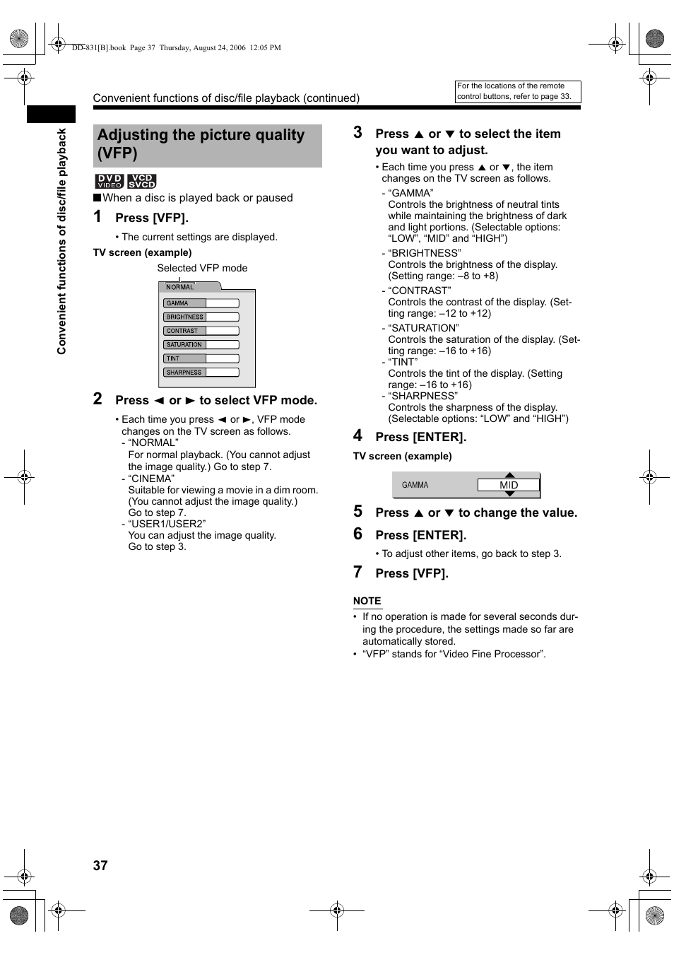 Adjusting the picture quality (vfp) | JVC DD-1 User Manual | Page 42 / 64