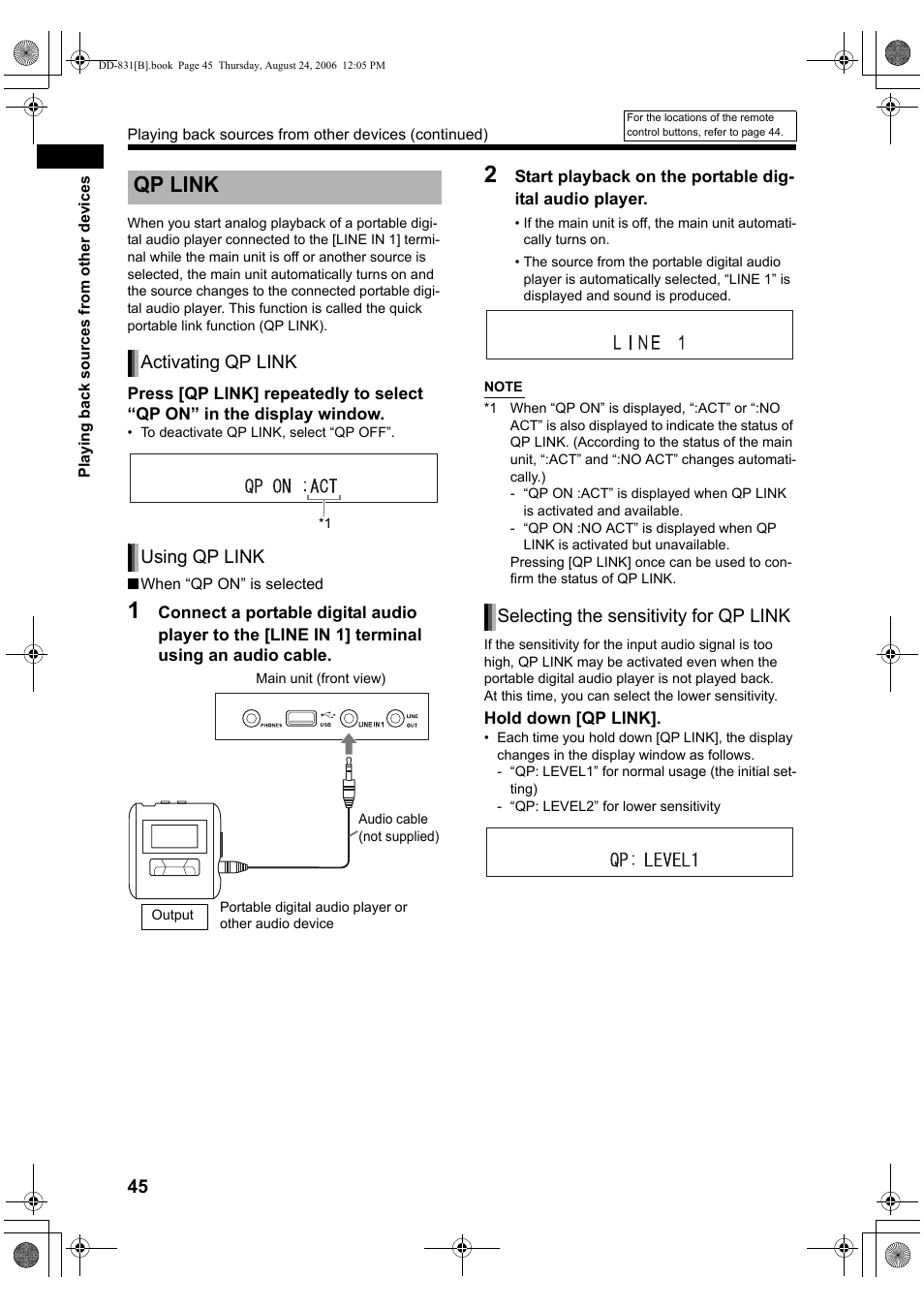 Qp link, Activating qp link, Using qp link | Selecting the sensitivity for qp link | JVC DD-1 User Manual | Page 50 / 64