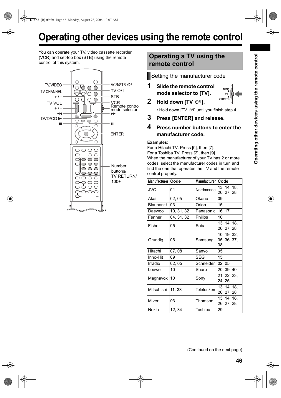 Operating other devices using the remote control, Operating a tv using the remote control, Setting the manufacturer code | JVC DD-1 User Manual | Page 51 / 64