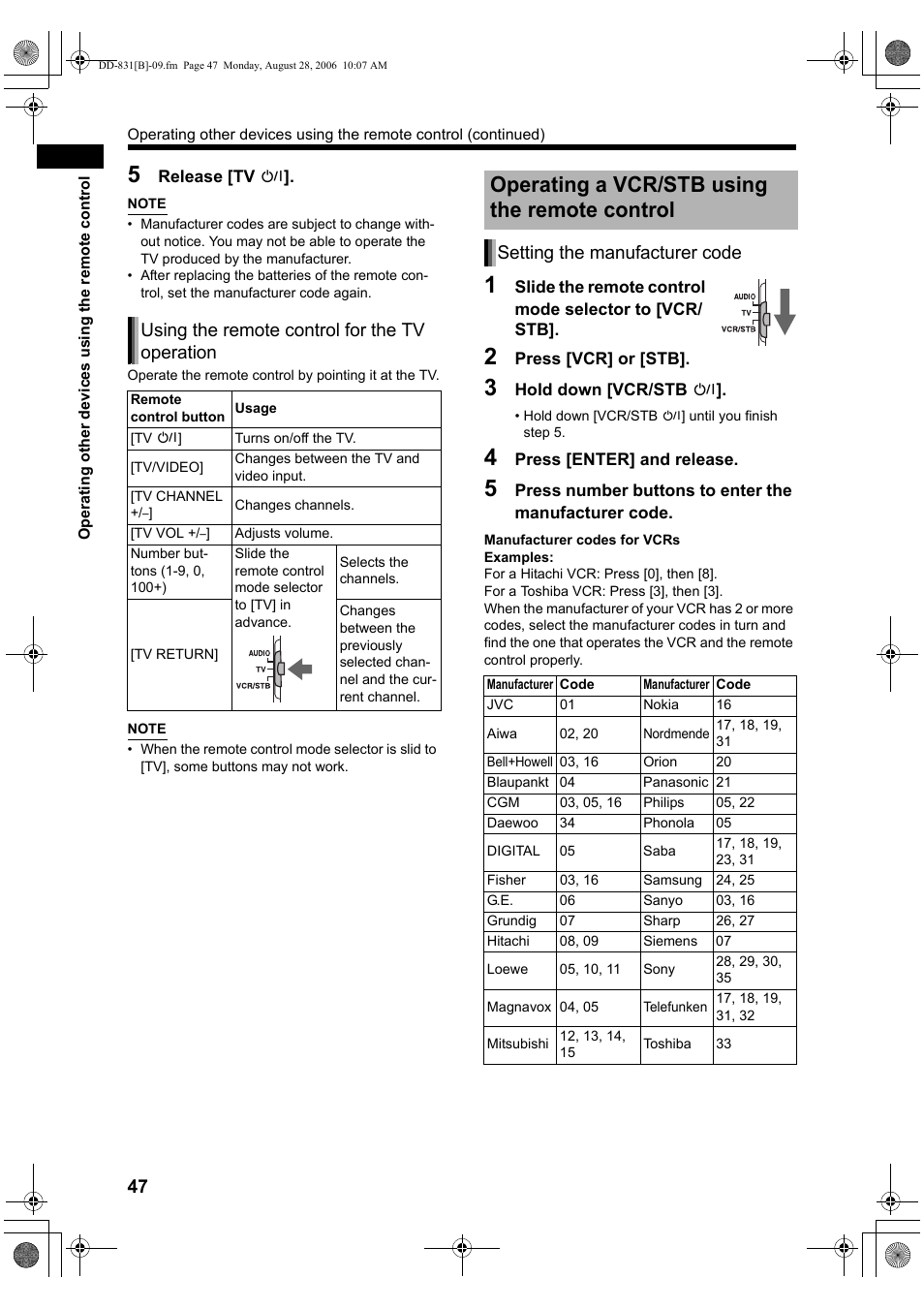 Operating a vcr/stb using the remote control, Using the remote control for the tv operation, Setting the manufacturer code | JVC DD-1 User Manual | Page 52 / 64