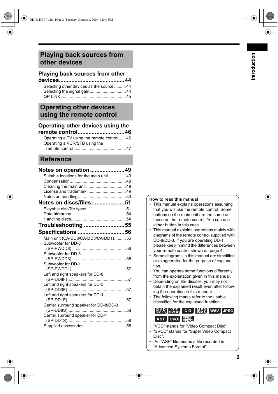Playing back sources from other devices, Operating other devices using the remote control, Troubleshooting specifications | JVC DD-1 User Manual | Page 7 / 64