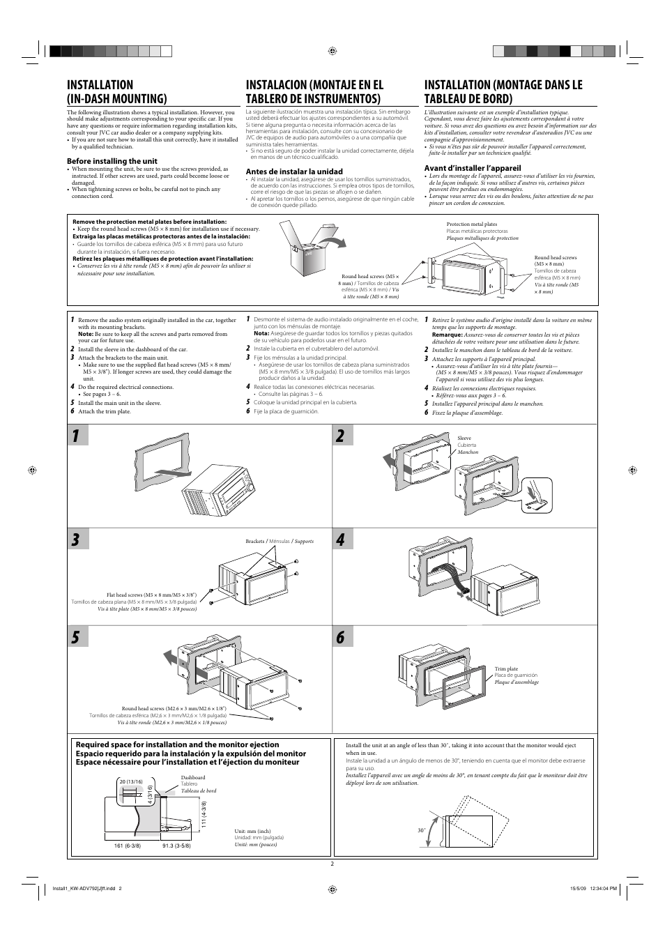 Installation (in-dash mounting), Installation (montage dans le tableau de bord) | JVC GET0602-002B User Manual | Page 2 / 6