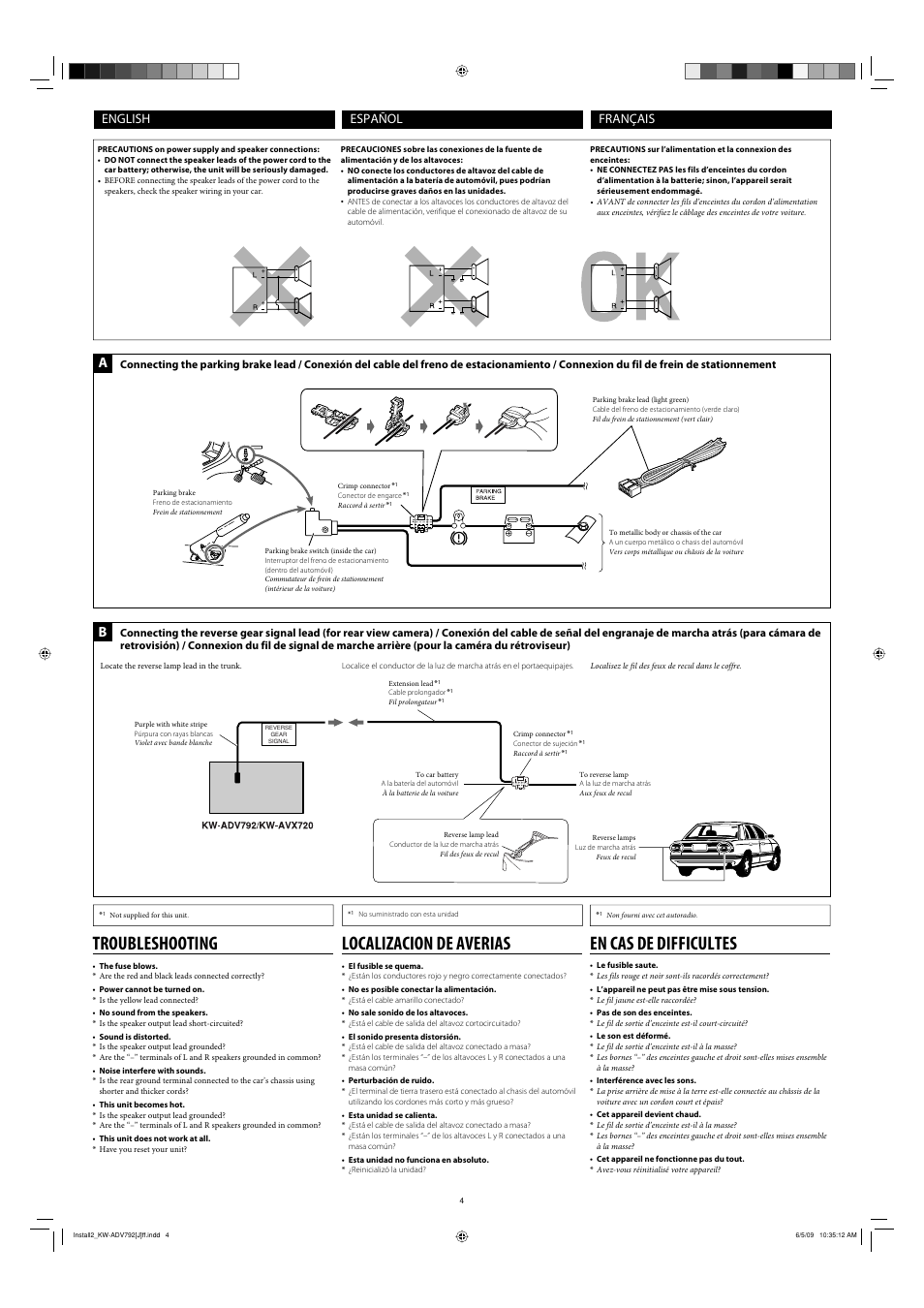 Troubleshooting, Localizacion de averias, En cas de difficultes | English español français | JVC GET0602-002B User Manual | Page 4 / 6