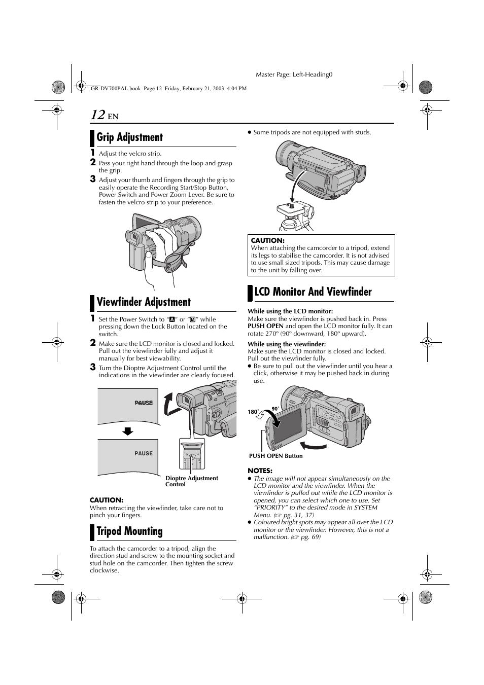 Grip adjustment, Viewfinder adjustment, Tripod mounting | Lcd monitor and viewfinder, Grip adjustment viewfinder adjustment | JVC GR-DV700  EN User Manual | Page 12 / 84