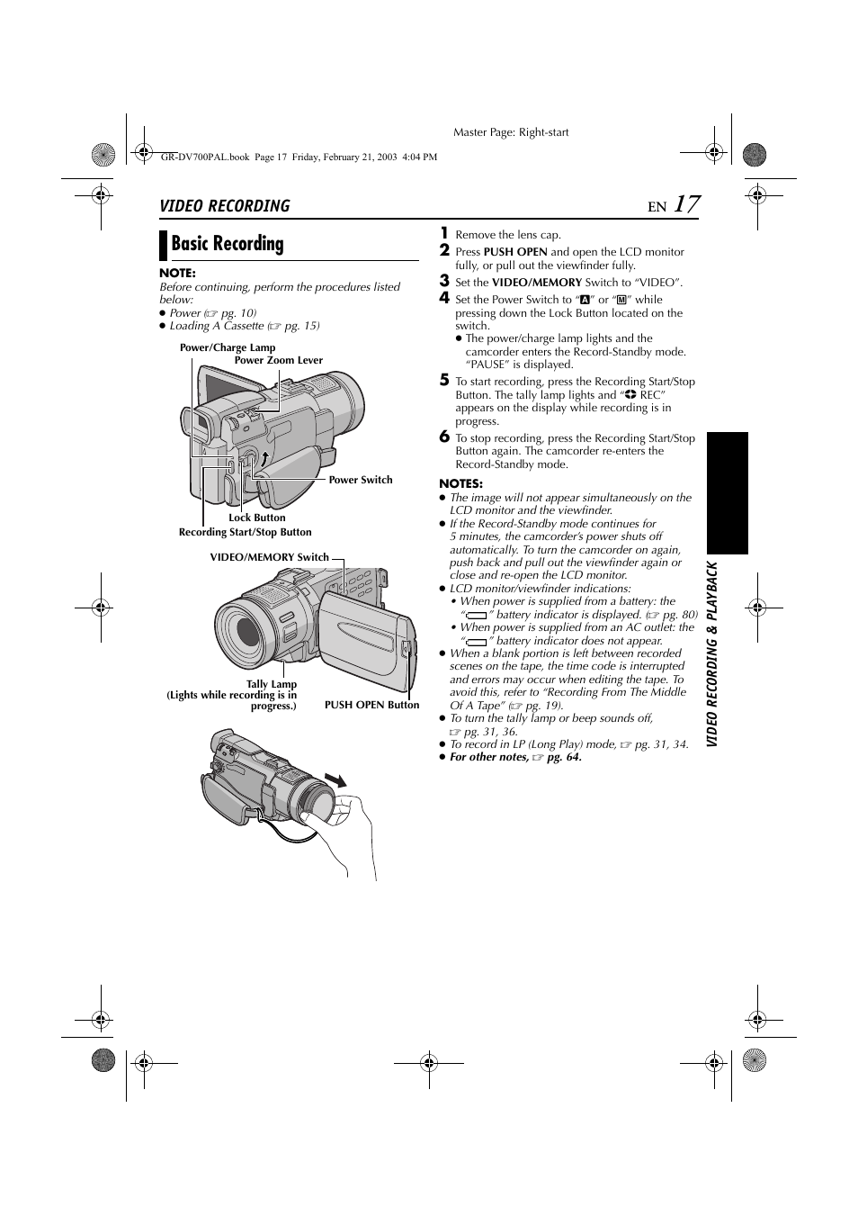 Video recording & playback, Video recording, Basic recording | JVC GR-DV700  EN User Manual | Page 17 / 84
