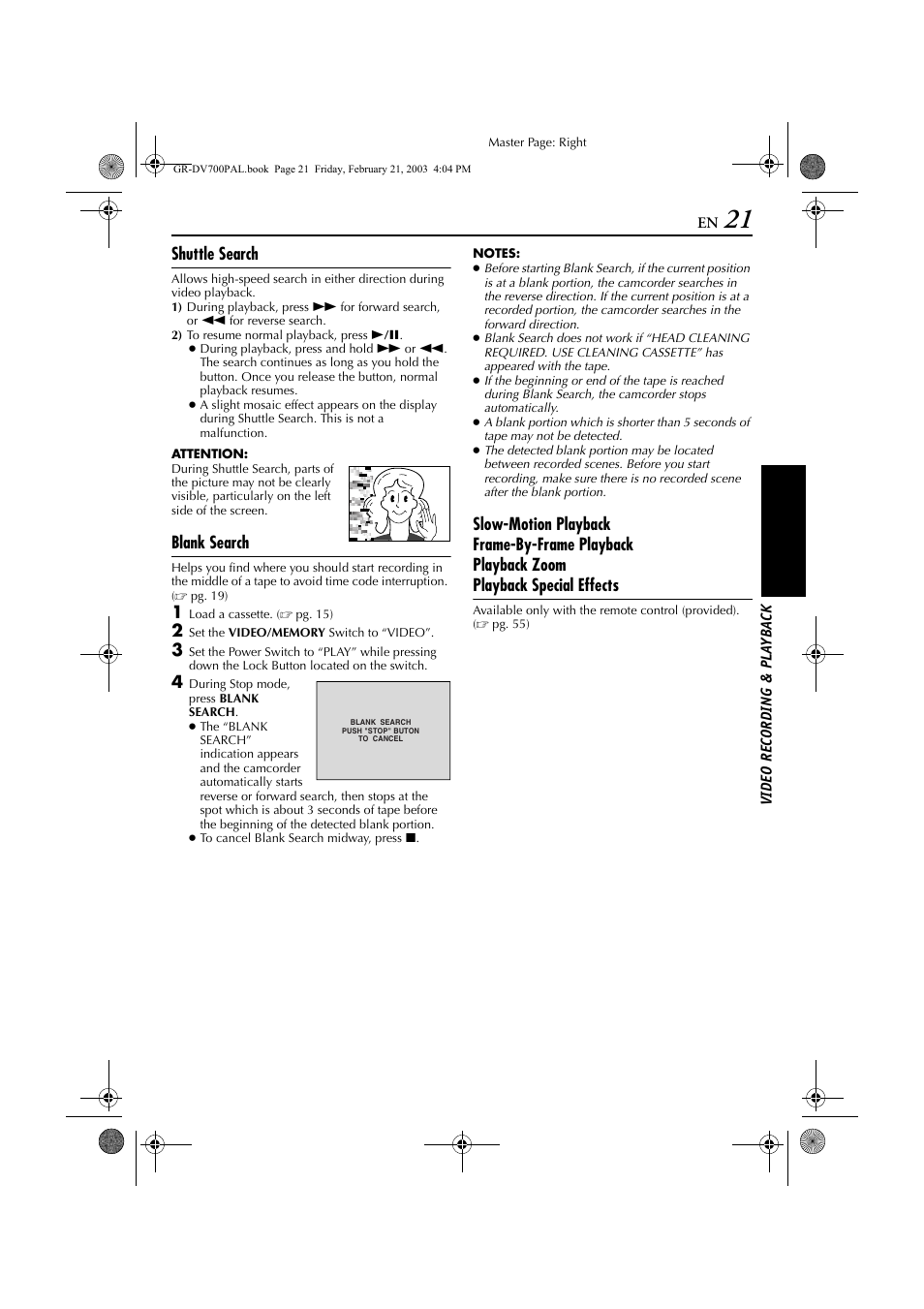 Shuttle search, Blank search, Shuttle search blank search | Pg. 21) | JVC GR-DV700  EN User Manual | Page 21 / 84