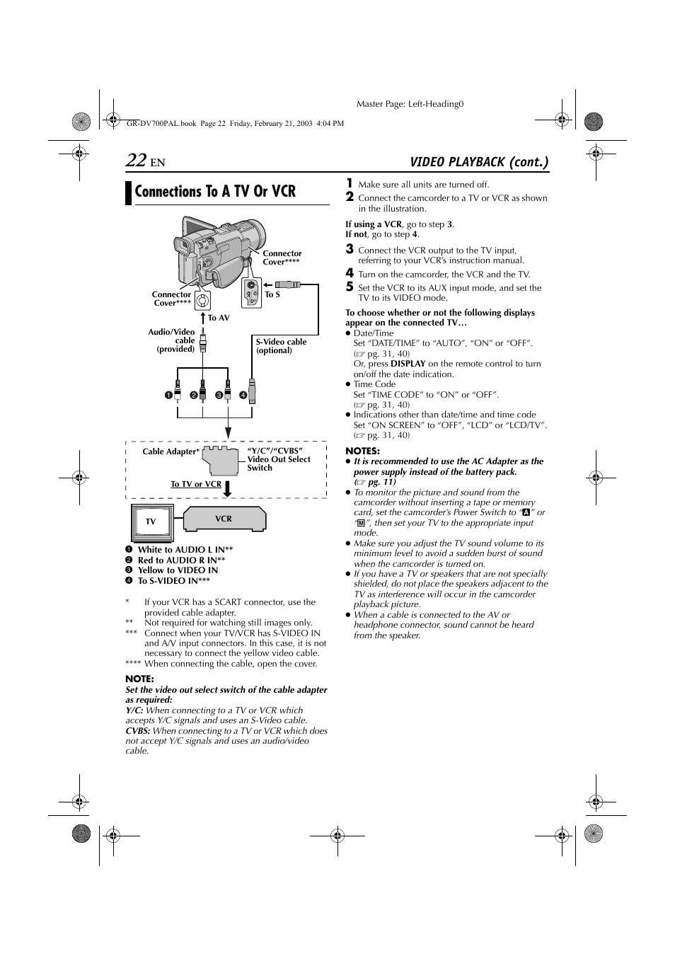 Connections to a tv or vcr, Pg. 22), Video playback (cont.) | JVC GR-DV700  EN User Manual | Page 22 / 84