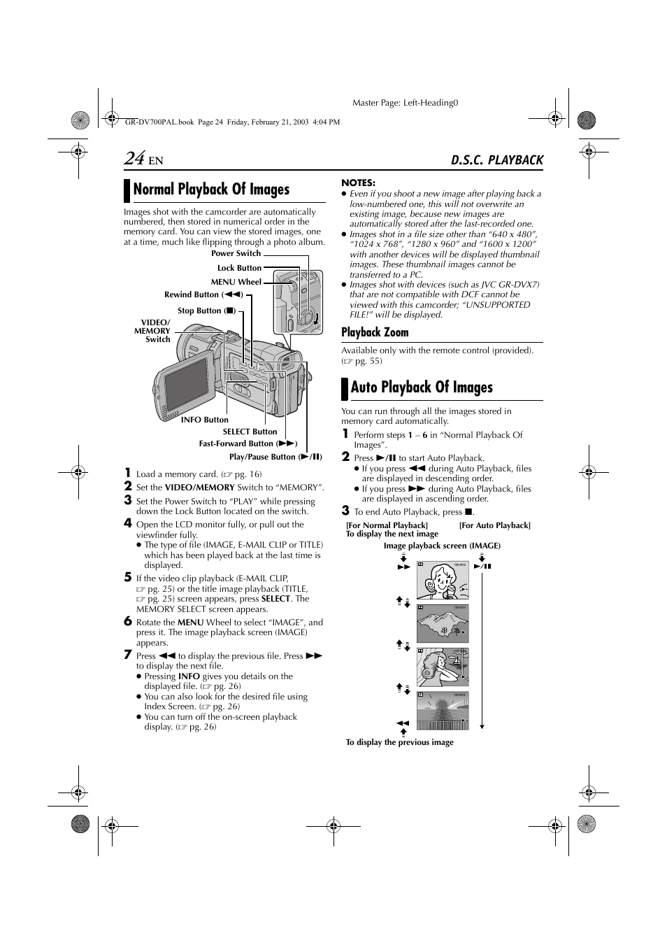 D.s.c. playback, Normal playback of images, Auto playback of images | Normal playback of images auto playback of images, Playback zoom | JVC GR-DV700  EN User Manual | Page 24 / 84