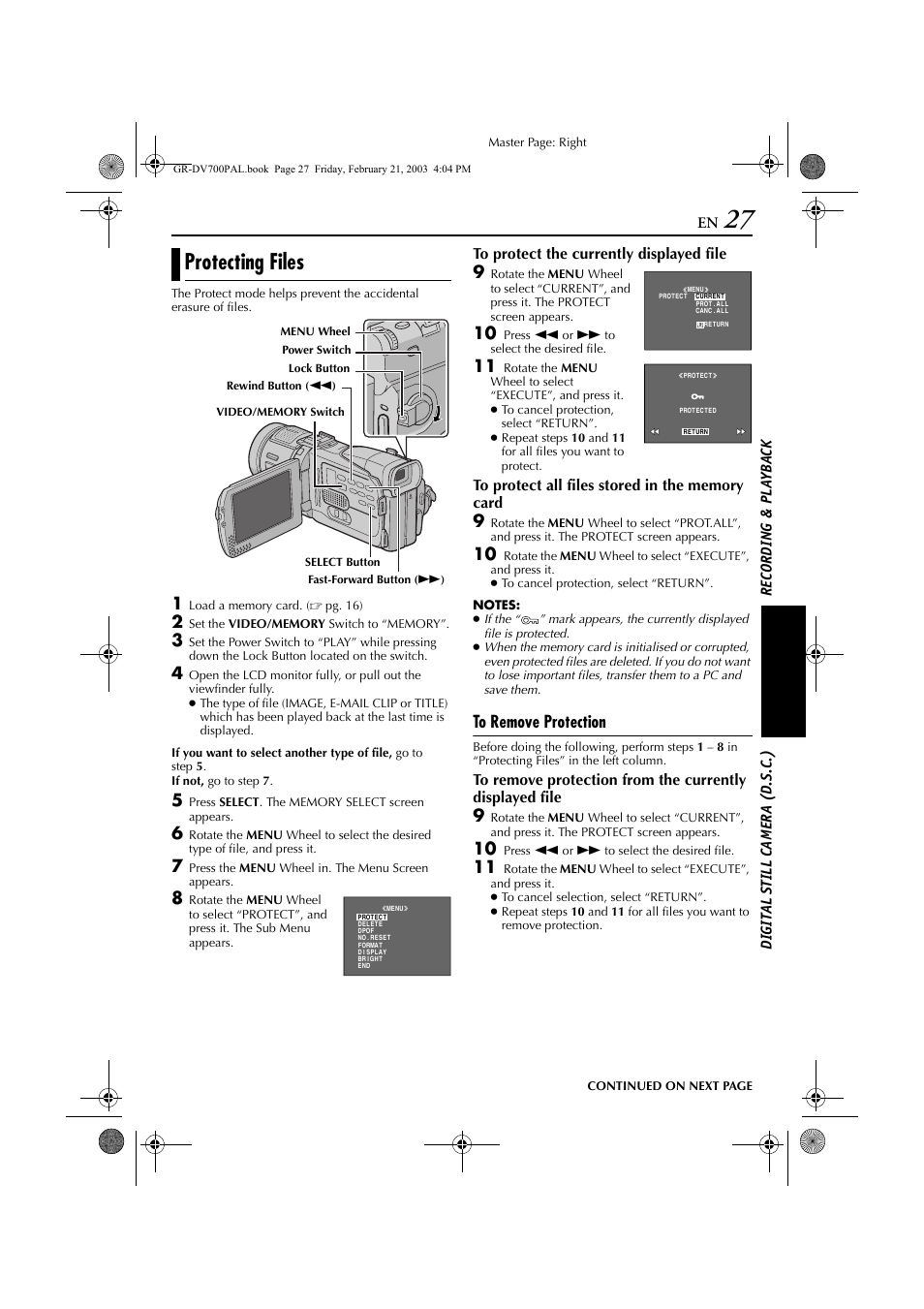 Protecting files, Pg. 27) | JVC GR-DV700  EN User Manual | Page 27 / 84