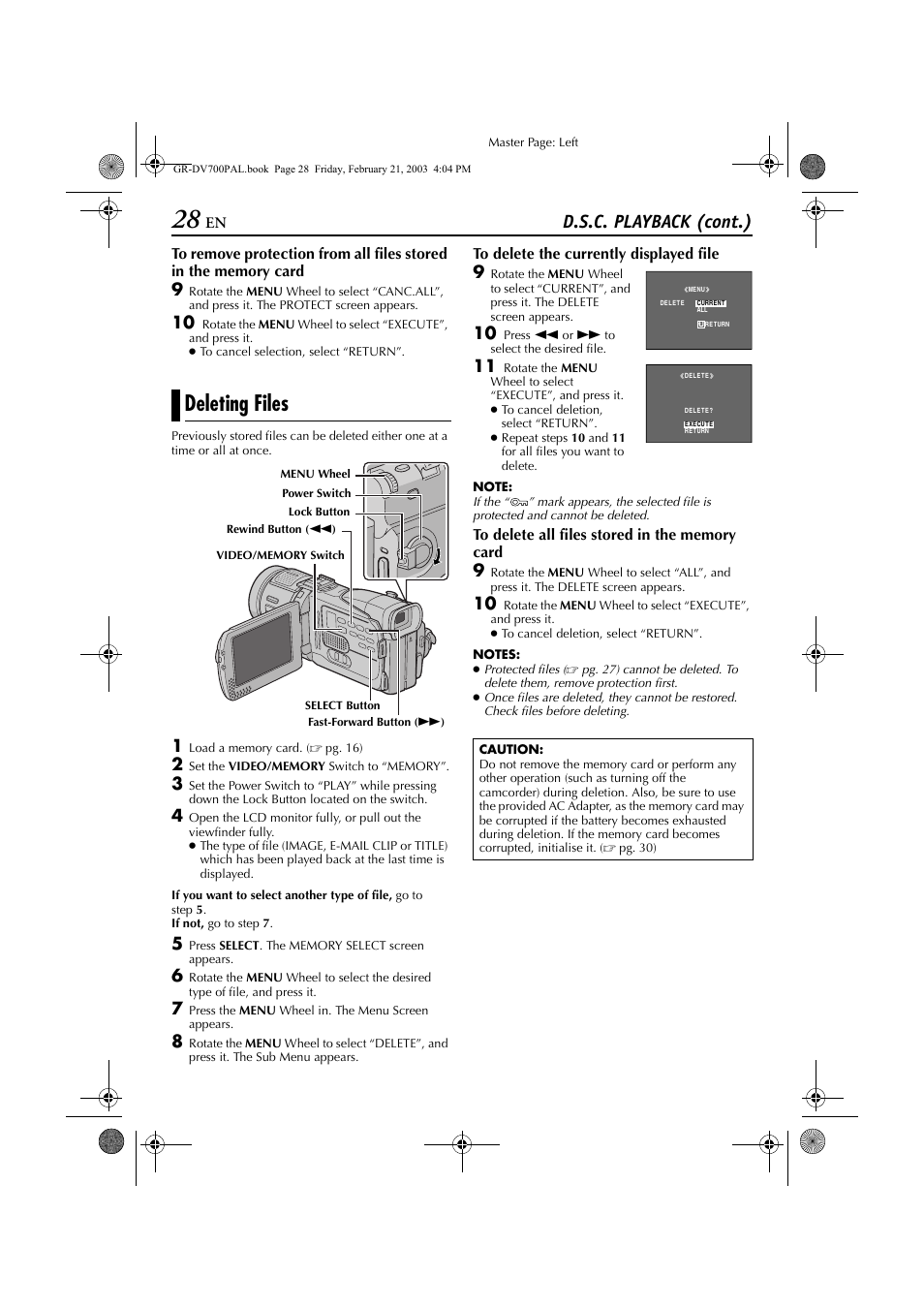 Deleting files, Pg. 28), D.s.c. playback (cont.) | JVC GR-DV700  EN User Manual | Page 28 / 84