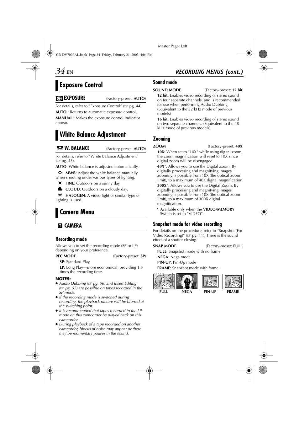 White balance adjustment, Optical zoom, Pg. 34) | Ite balance, Pg. 34, 45) is, Recording menus (cont.) | JVC GR-DV700  EN User Manual | Page 34 / 84