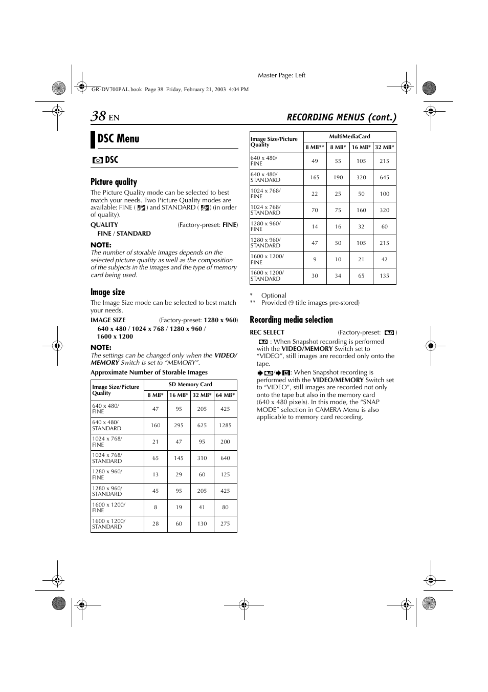 Pg. 38), still images are recorded both on t, Pg. 38, Y ( ੬ pg. 38 | Dsc menu, Recording menus (cont.), Dsc picture quality, Image size, Recording media selection | JVC GR-DV700  EN User Manual | Page 38 / 84