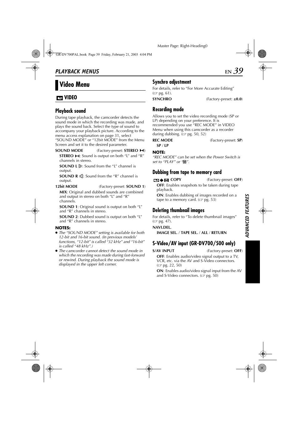 Playback menus, Video menu | JVC GR-DV700  EN User Manual | Page 39 / 84