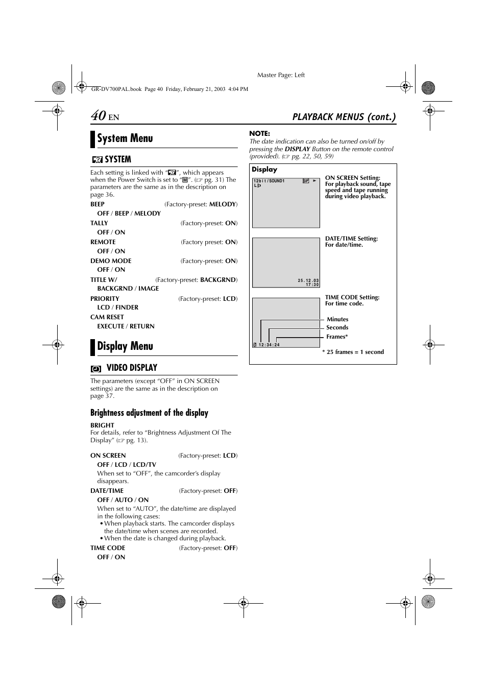 System menu display menu, Playback menus (cont.), System | Video display, Brightness adjustment of the display | JVC GR-DV700  EN User Manual | Page 40 / 84