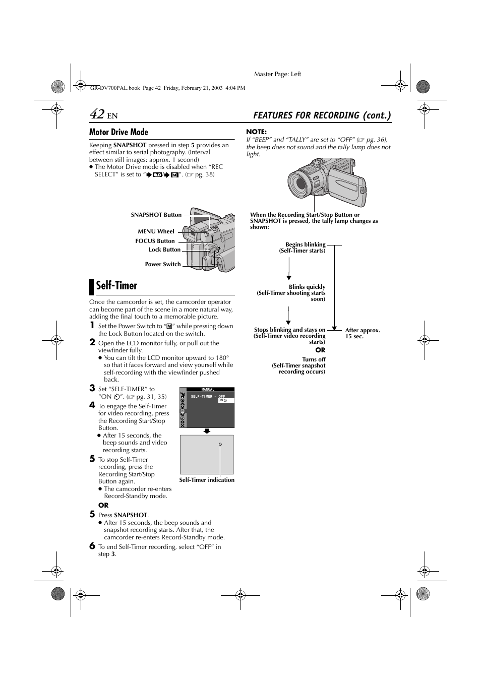 Self-timer, Pg. 42) is disabled, To “self-timer | Pg. 42), Features for recording (cont.), Motor drive mode | JVC GR-DV700  EN User Manual | Page 42 / 84
