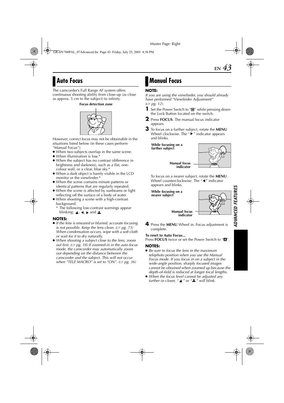 Auto focus, Manual focus, Auto focus manual focus | Pg. 43), then zoom in or | JVC GR-DV700  EN User Manual | Page 43 / 84