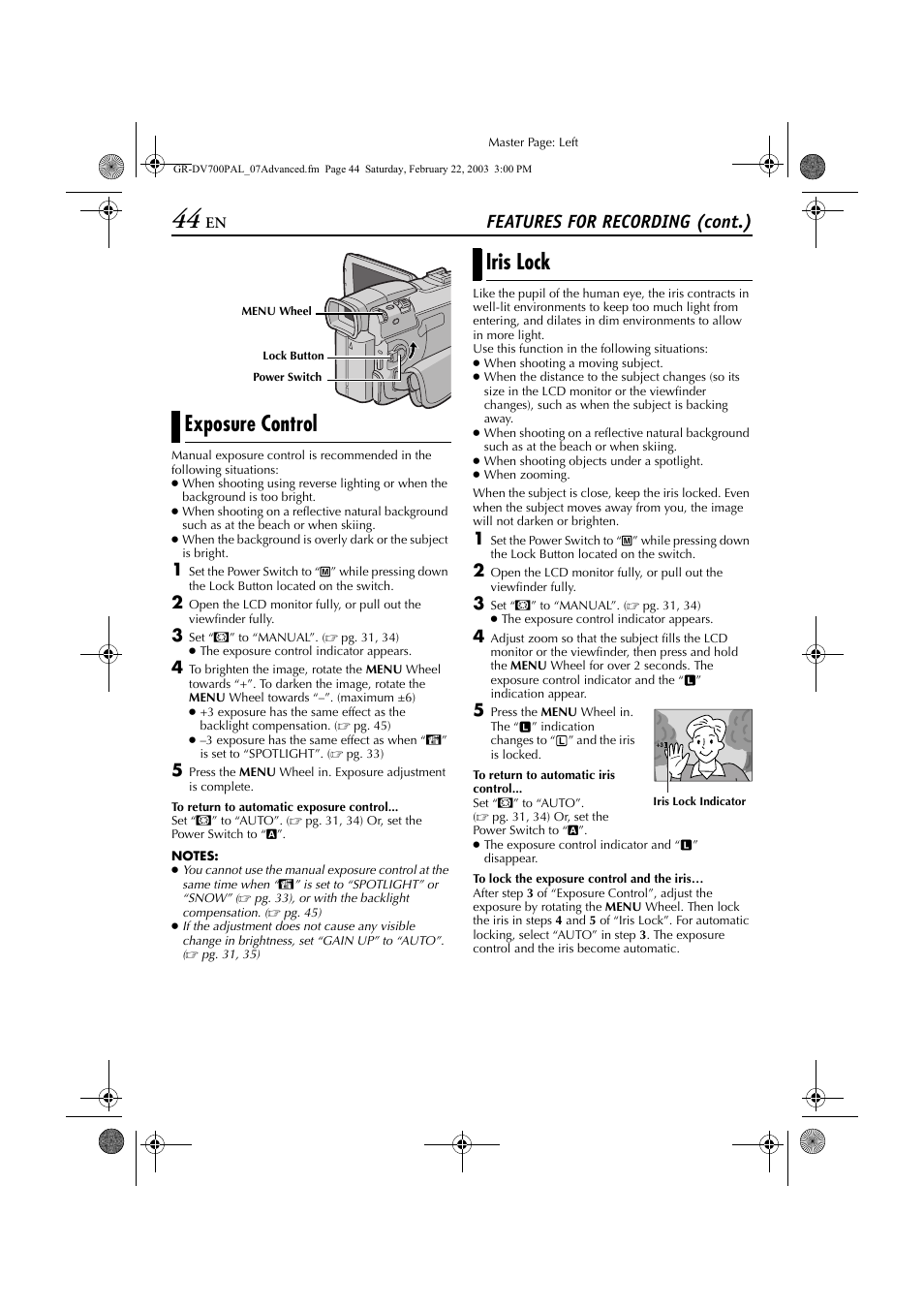Exposure control, Iris lock, Exposure control iris lock | Re control, Pg. 44), Features for recording (cont.) | JVC GR-DV700  EN User Manual | Page 44 / 84