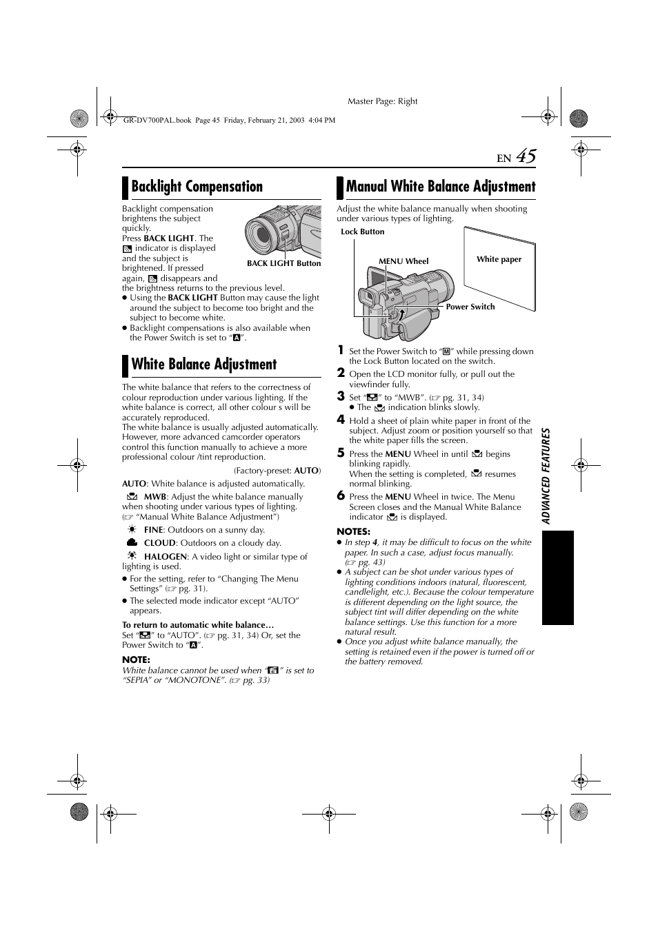 Backlight compensation, White balance adjustment, Manual white balance adjustment | Pg. 45), Tion, Backlight compensation white balance adjustment | JVC GR-DV700  EN User Manual | Page 45 / 84