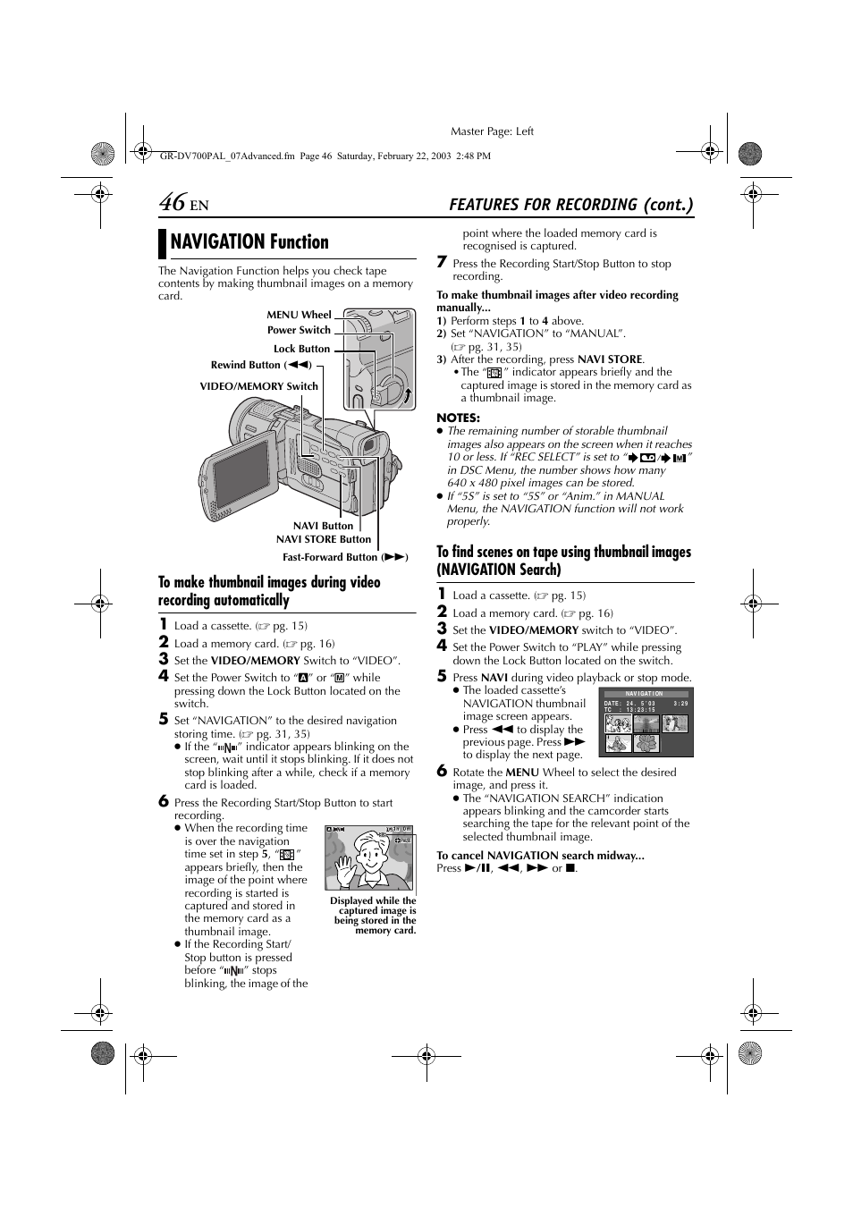 Navigation function, Scenes with the thumbnail images, Pg. 46) | Features for recording (cont.) | JVC GR-DV700  EN User Manual | Page 46 / 84