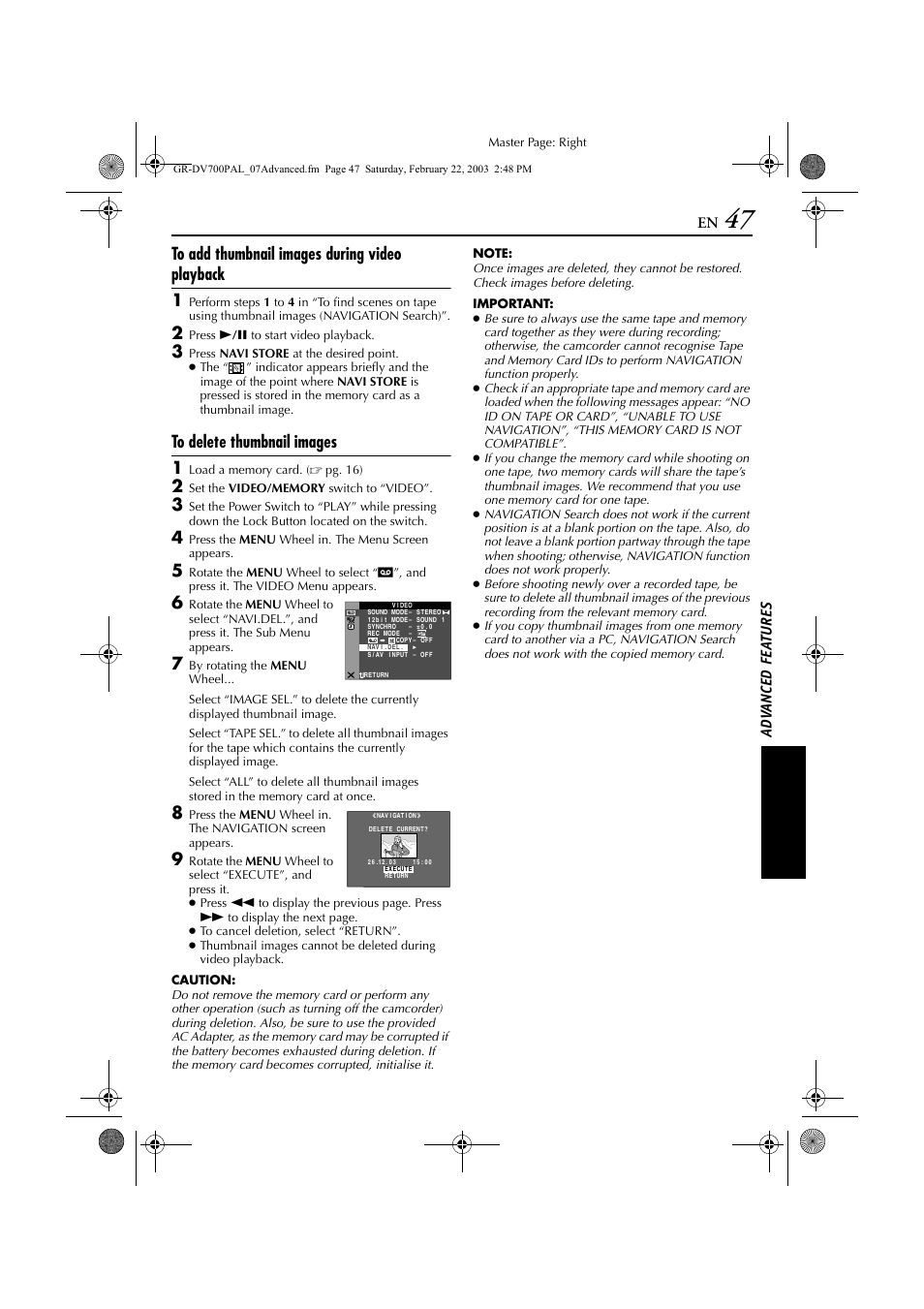 To “to delete thumbnail images, Pg. 47), Ad v a nced fe a ture s | JVC GR-DV700  EN User Manual | Page 47 / 84