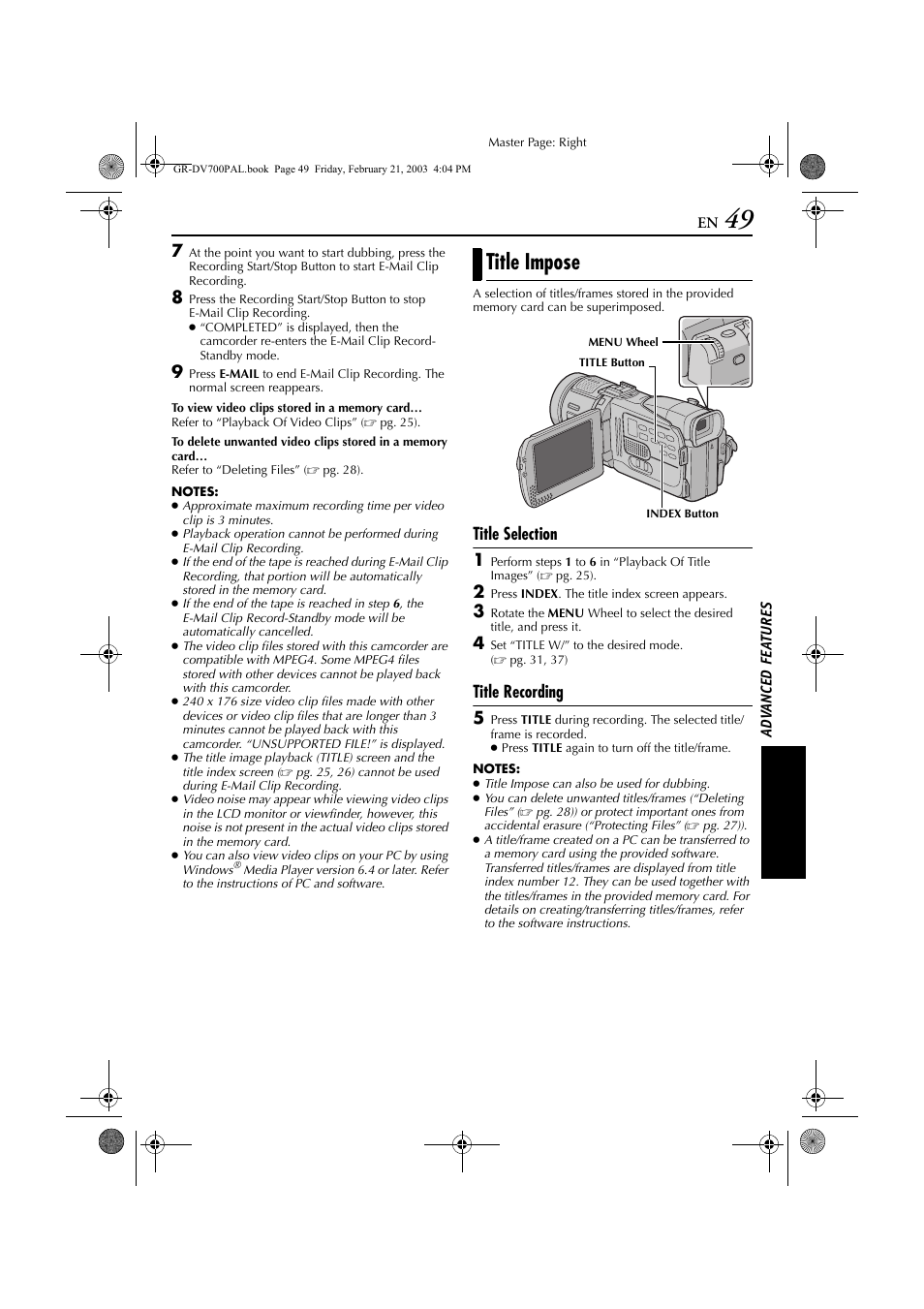 Title impose, Rding, Pg. 49) | Title selection 1, Title recording 5 | JVC GR-DV700  EN User Manual | Page 49 / 84