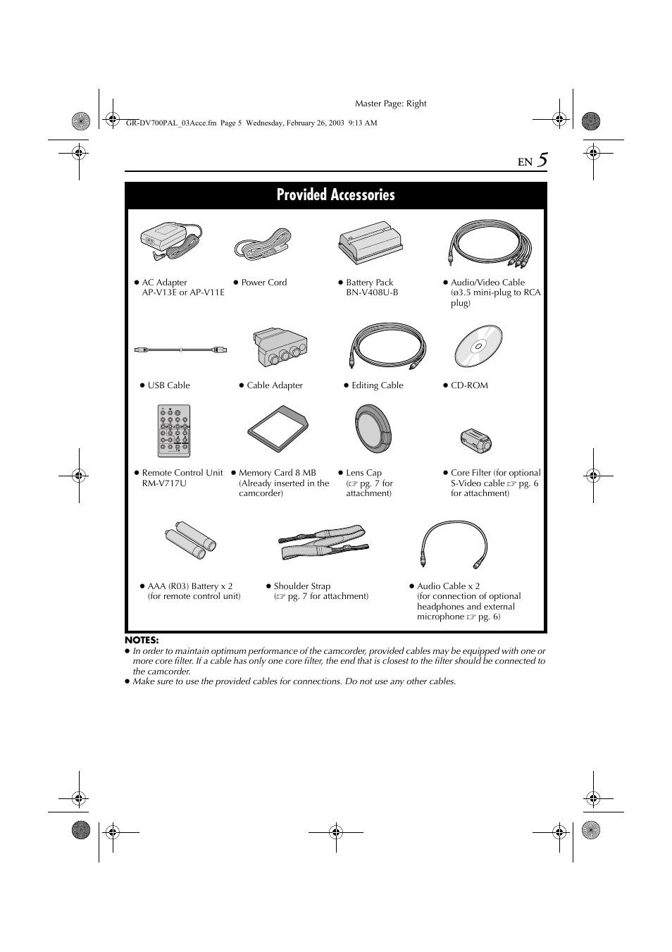 Provided accessories | JVC GR-DV700  EN User Manual | Page 5 / 84