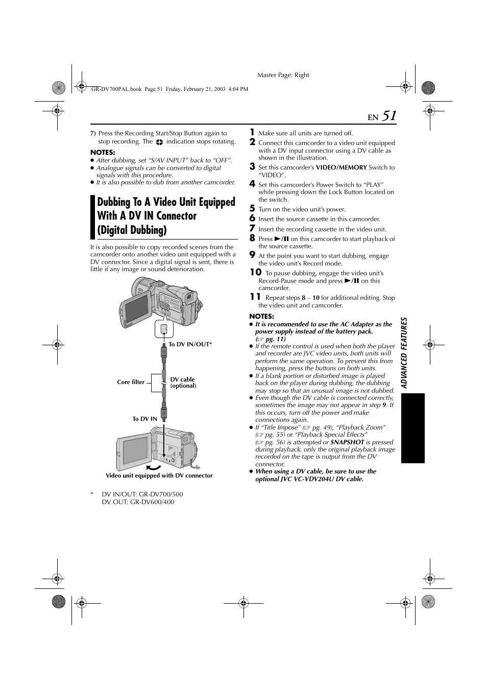 Dubbing to a video unit equipped with, A dv in connector (digital dubbing) | JVC GR-DV700  EN User Manual | Page 51 / 84