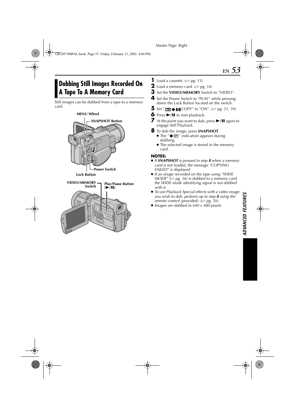 Dubbing still images recorded on a tape to, A memory card, Pg. 53) | JVC GR-DV700  EN User Manual | Page 53 / 84