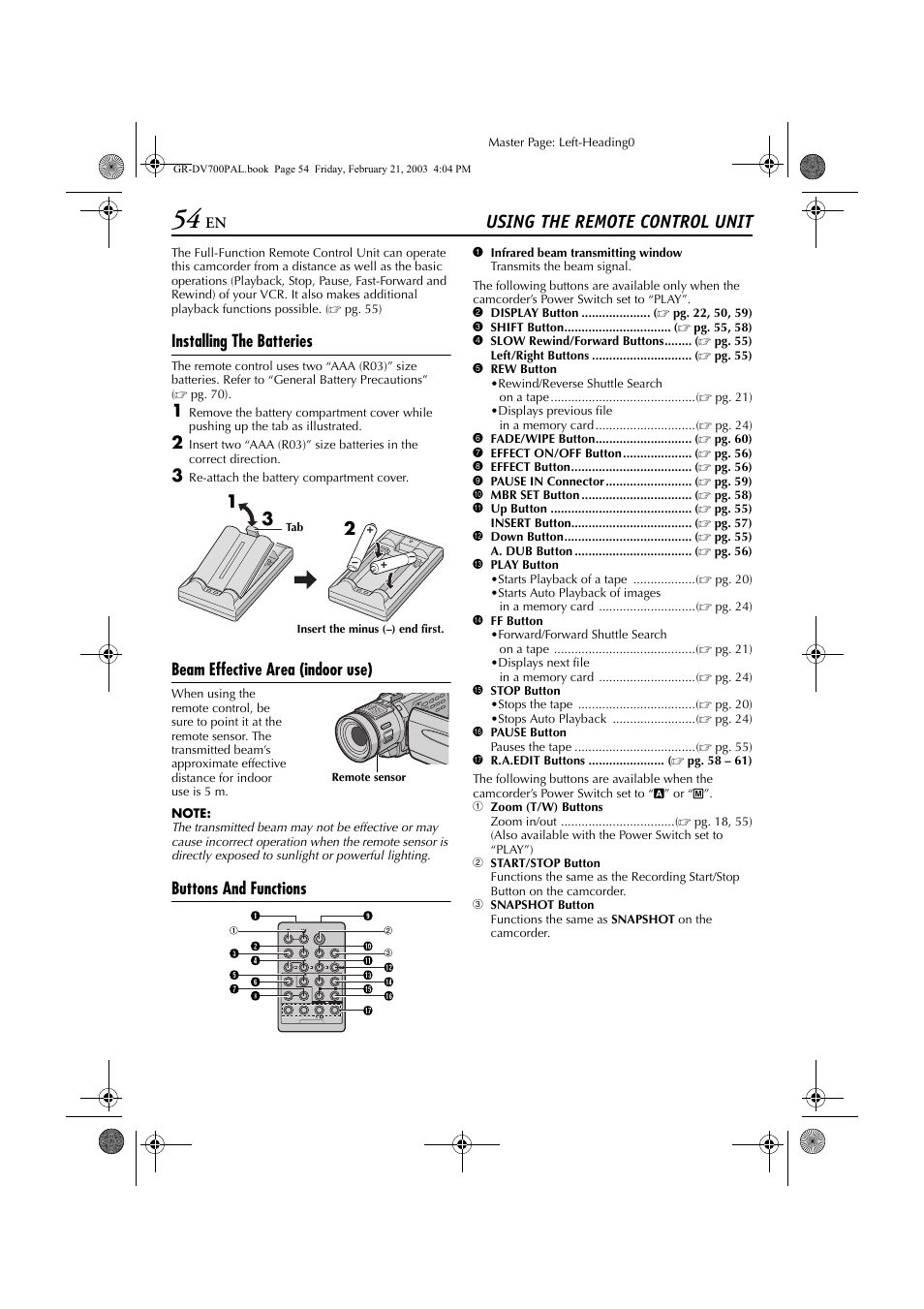 Using the remote control unit, Pg. 54), Installing the batteries | Beam effective area (indoor use), Buttons and functions | JVC GR-DV700  EN User Manual | Page 54 / 84