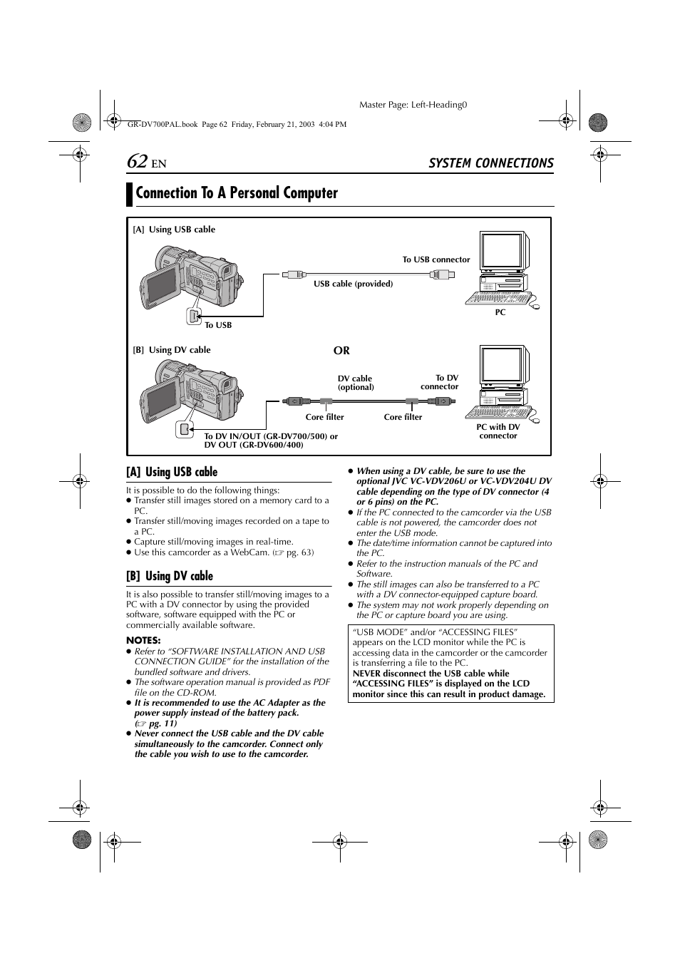 System connections, Connection to a personal computer, A] using usb cable | B] using dv cable | JVC GR-DV700  EN User Manual | Page 62 / 84