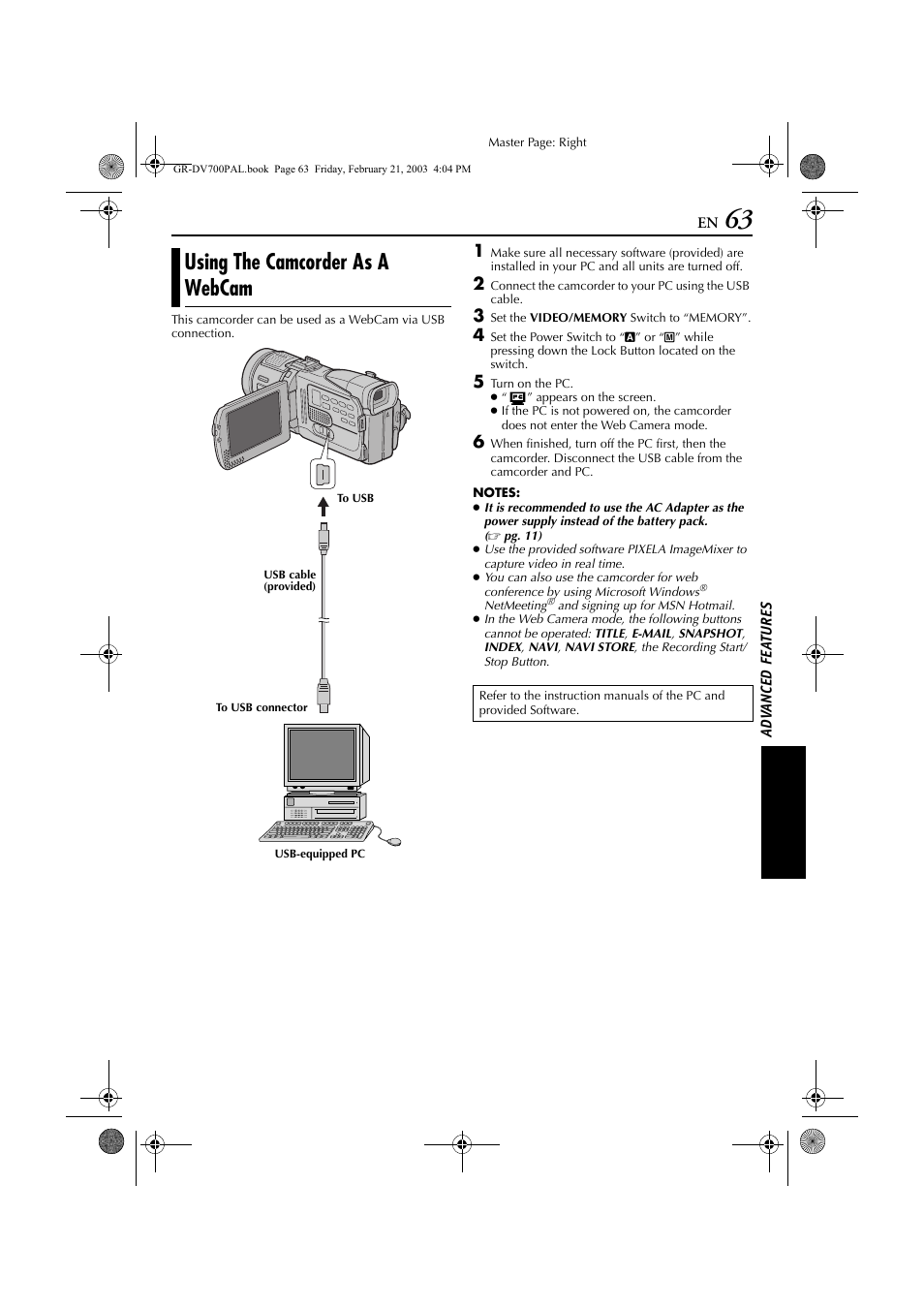 Using the camcorder as a webcam | JVC GR-DV700  EN User Manual | Page 63 / 84